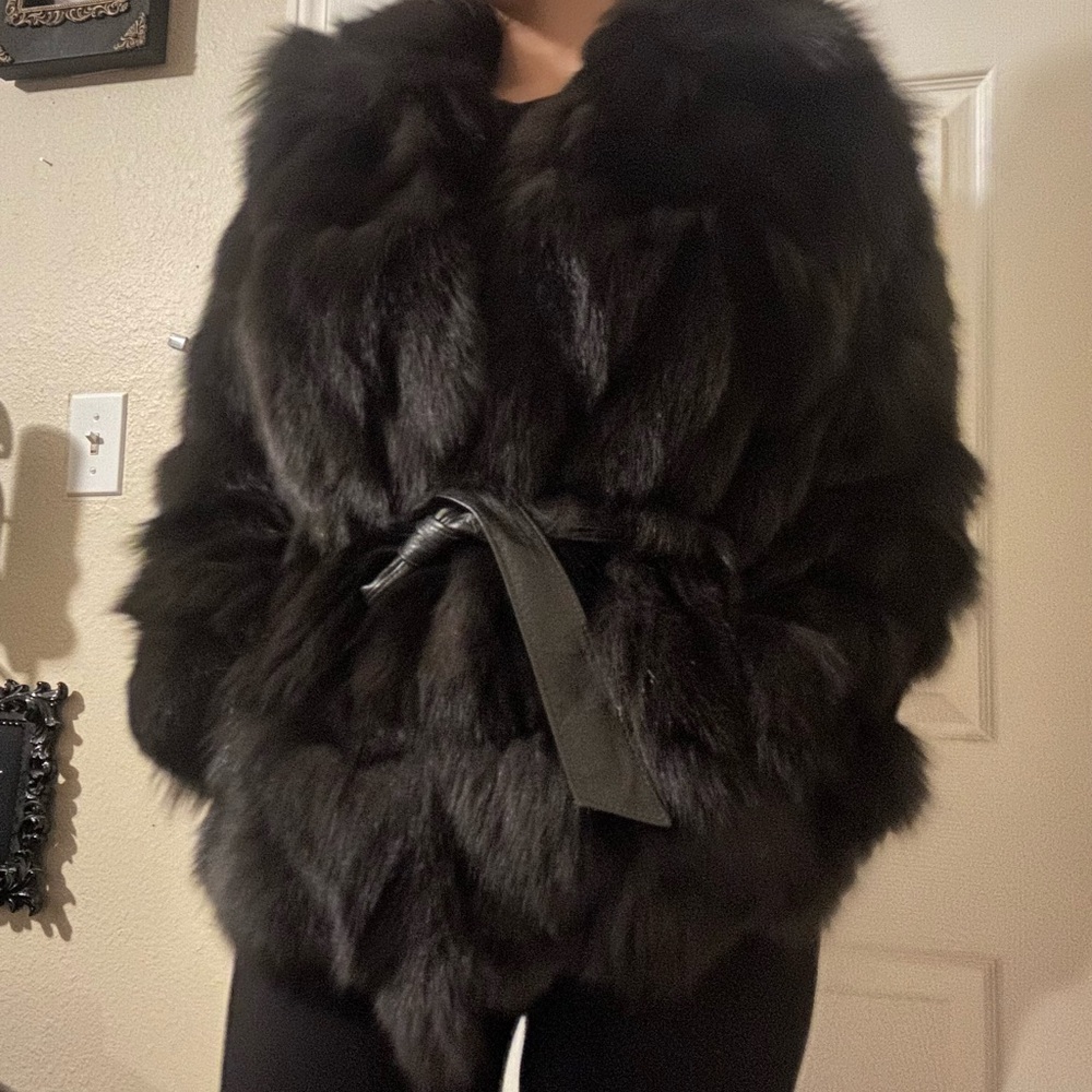 Luxurious Black Fur Coat with Belt